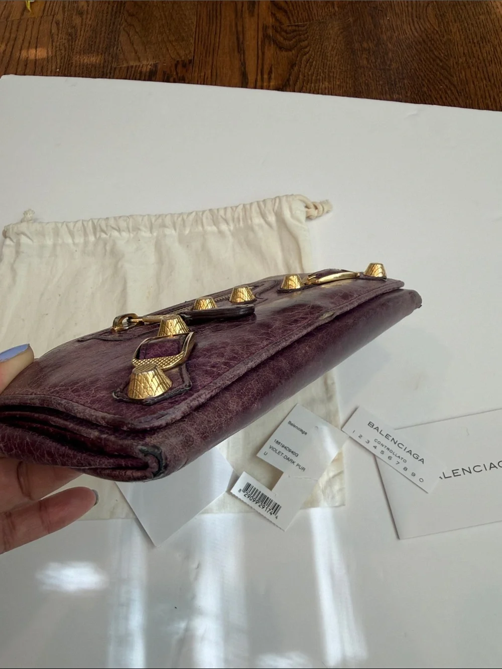 Balenciaga Distressed Plum Leather Continental Wallet with Gold Hardware